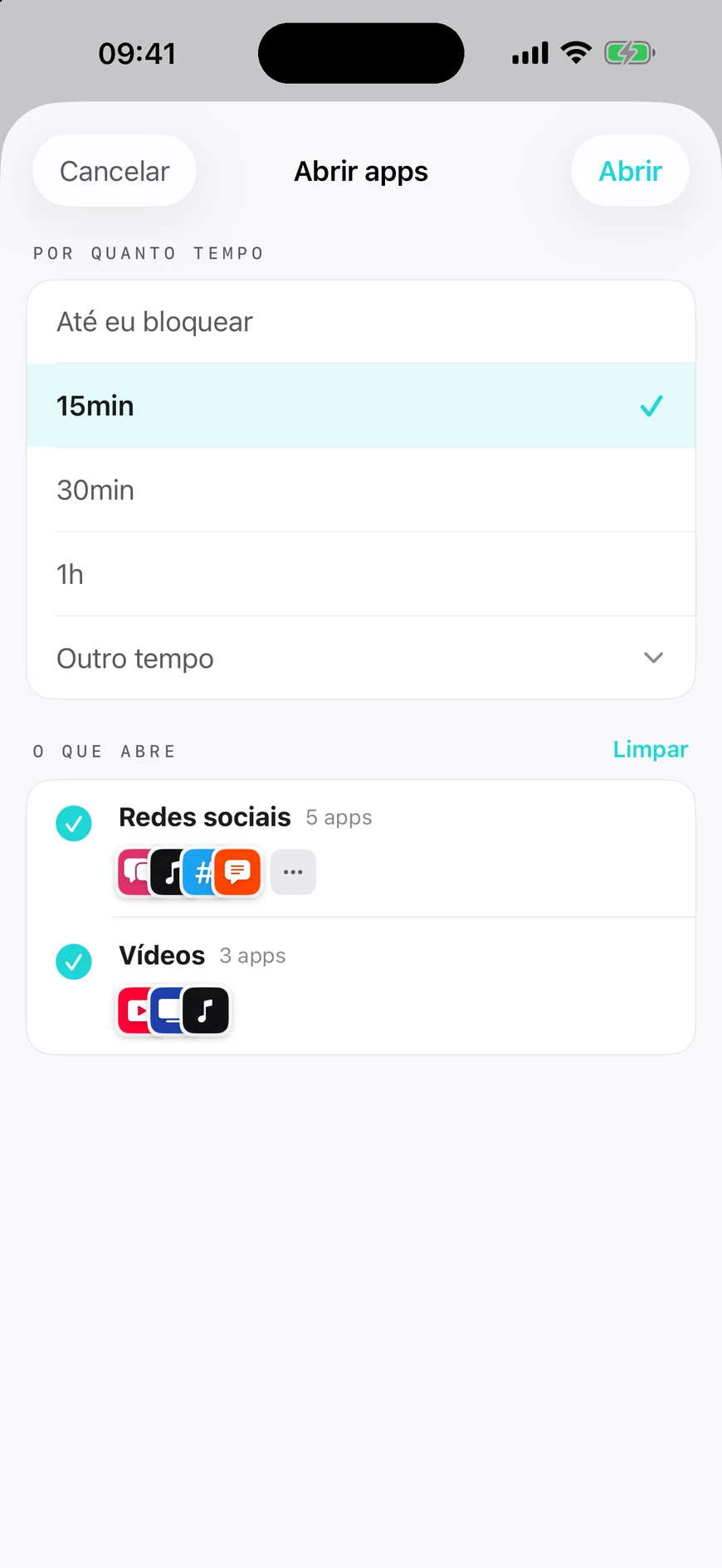 Tela Abrir apps: escolha de 15 min, 30 min, 1 hora ou até bloquear de novo